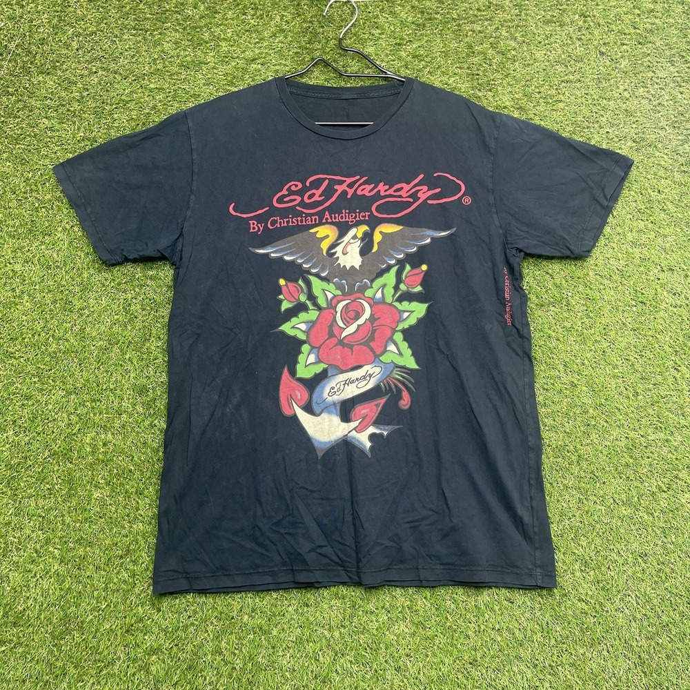 Ed Hardy Shirt Mens Large Black Rhinestone Devil Pin Up Tattoo Graphic Tee